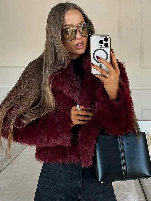 Fashion Burgundy Red Fluffy Faux Fur Short Coats Women Solid Lapel Full Sleeve Warm Jacket Winter New Chic High Street Outerwear