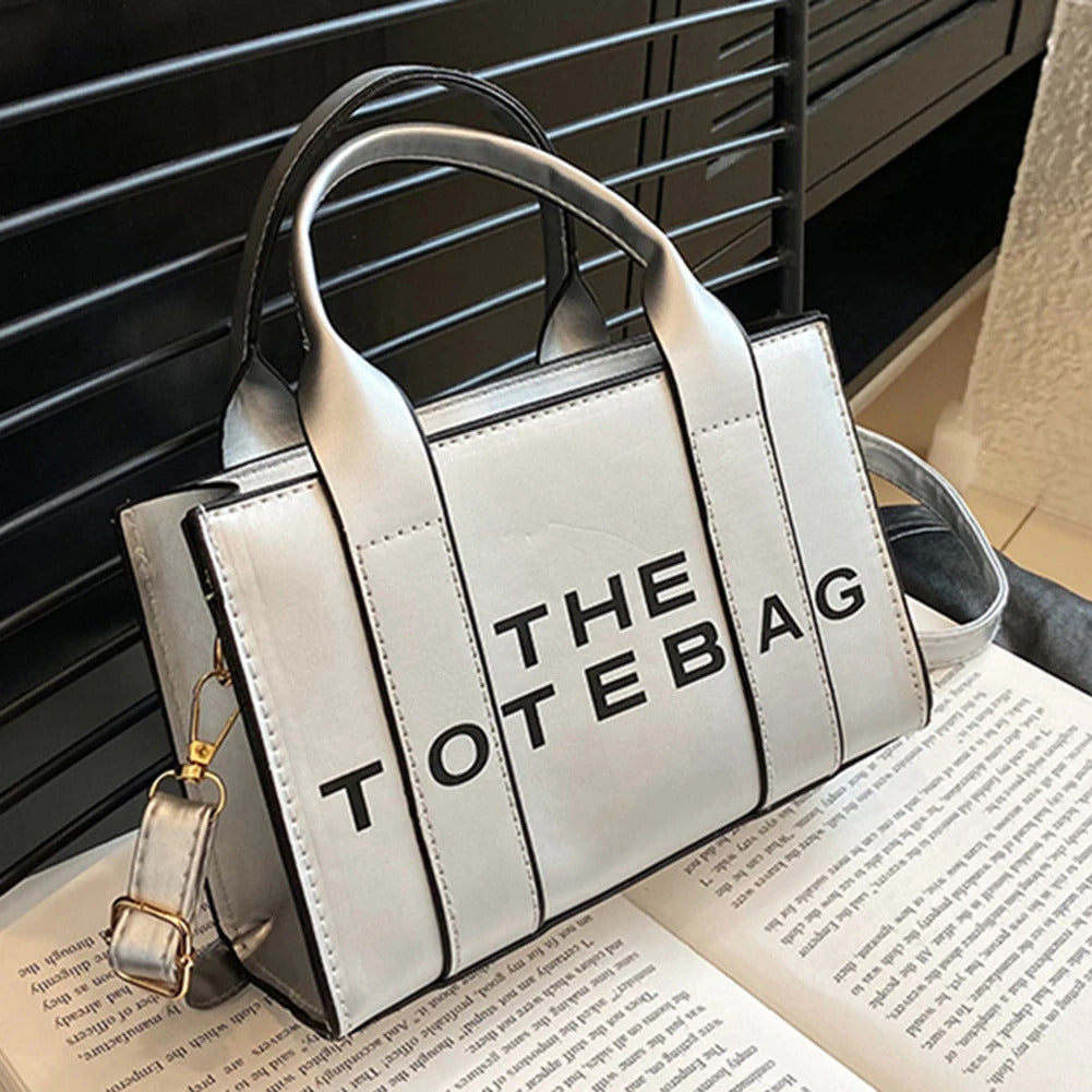 Women Tote Bag Contrast Letters Fashion Ladies Commute Bag PU Leather Portable Casual Simple Adjustable Straps Female Satchel