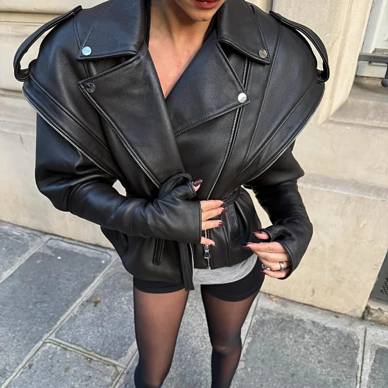 Elegant Black Women's Belted Zippers Bomber Leather Jackets Luxury Lapel Oversized Pockets Coat Lady Chic Streetwear 2024 Winter