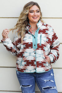 Fiery Red Geometric Aztec Pattern Plus Size Fleece Jacket