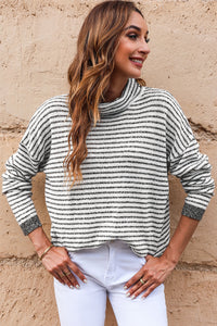 Khaki Striped Turtleneck Loose Sweater