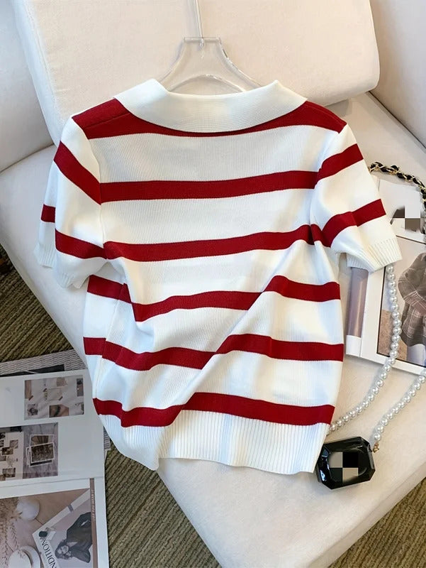 2024 New Striped Pattern Collared Sweater Versatile Short Sleeve Knitted Top For Spring & Summer Women's Clothing Crop Top