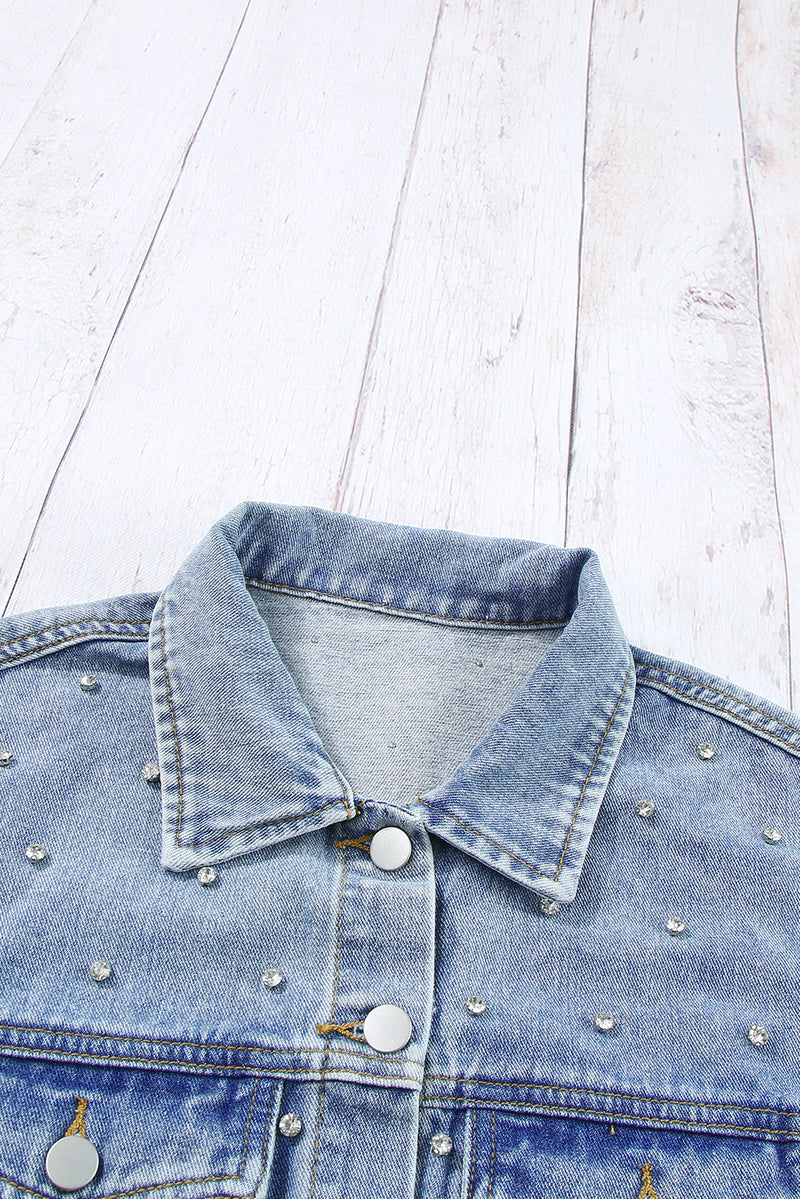 Mist Blue Rhinestones Studded Denim Jacket