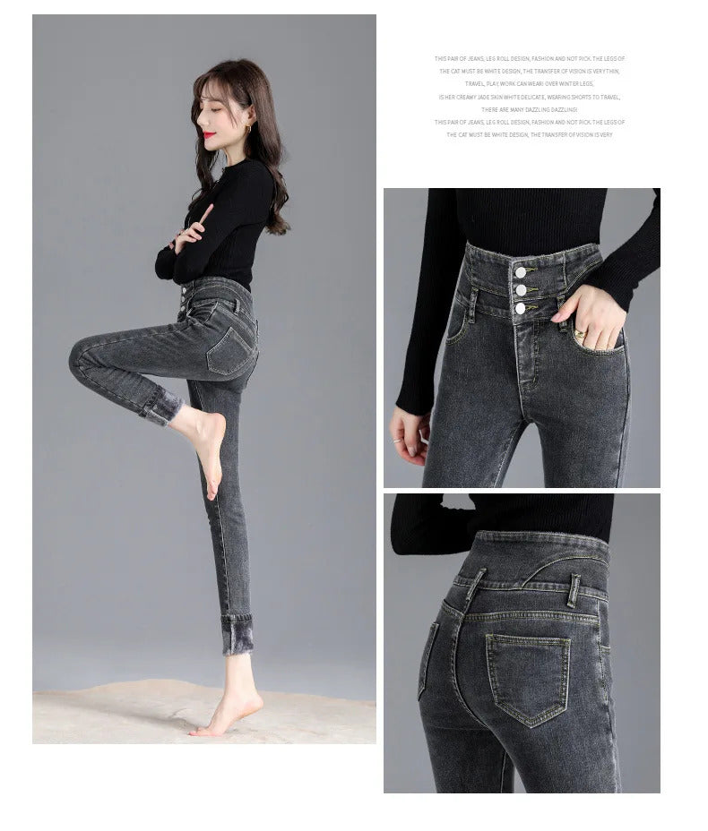 Thermal Winter Thick Fleece High-waist Warm Skinny Jeans Thick Women Stretch Button Pencil Pants Mom Casual Velvet Jeans