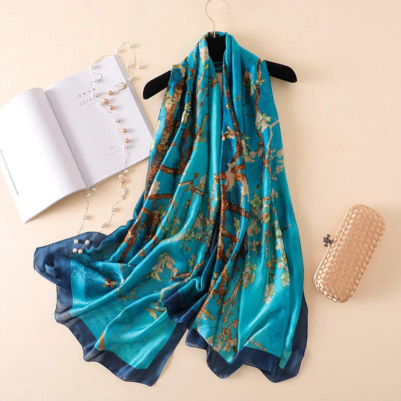 Fashion Luxury Brand Van Gogh Oil Painting Silk Shawl Scarf Lady Apricot Floral Silk Turban Head Hijab Femme Wraps Foulard Snood