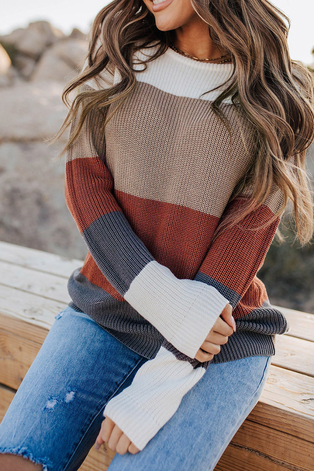 Chestnut Color Block Knitted O-neck Pullover Sweater