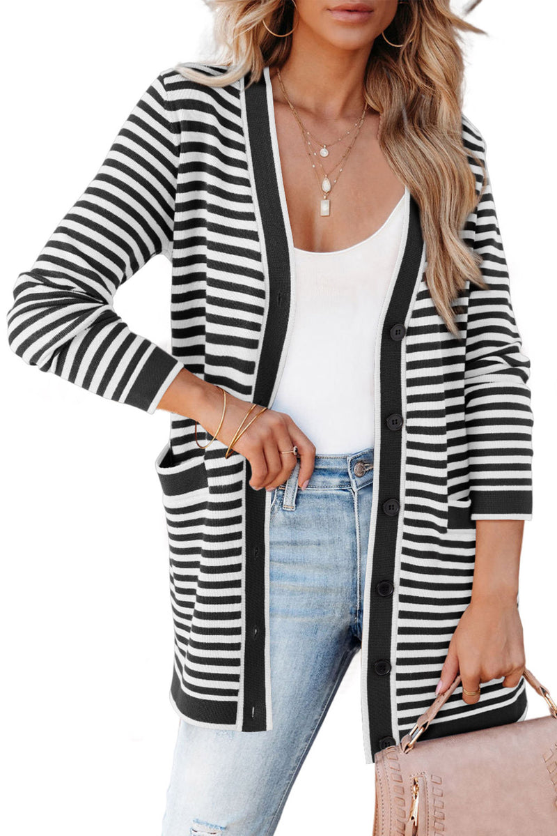 Black Stripe Long Sleeve Button up Tunic Cardigan