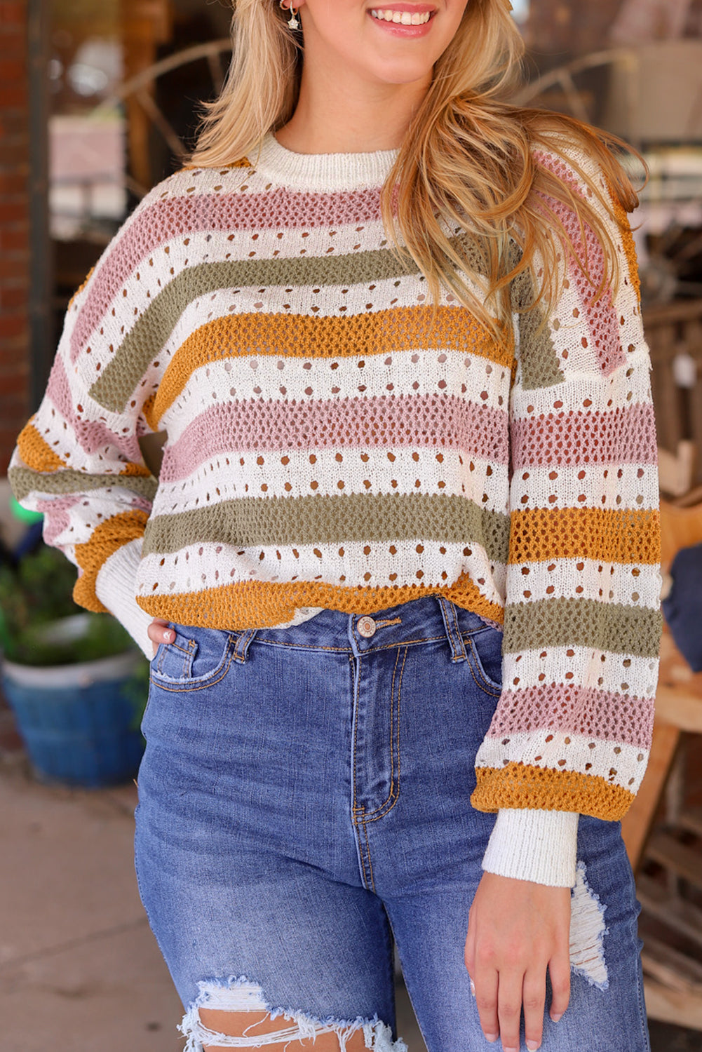 Tan Striped Hollowed Knitted Loose Sweater