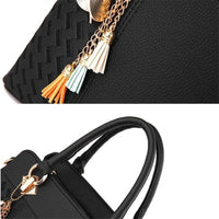 Fashion Black Lady Simple Hand Bags Women Handbags Tassel PU Leather Totes Bag Top-Handle Embroidery Crossbody Bag Shoulder Bag