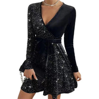 Women's Sexy V-Neck Sequin Glitter Belt Mini Dress Party Dresses Fashion Hot Sale Solid Elegant  Velvet Long Sleeve Dresses