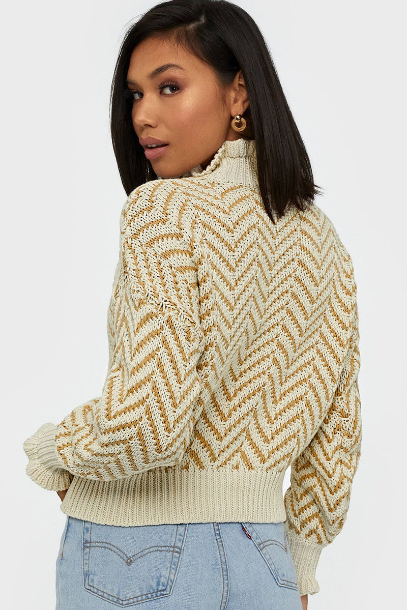 Khaki Chevron Striped High Neck Drop Shoulder Sweater