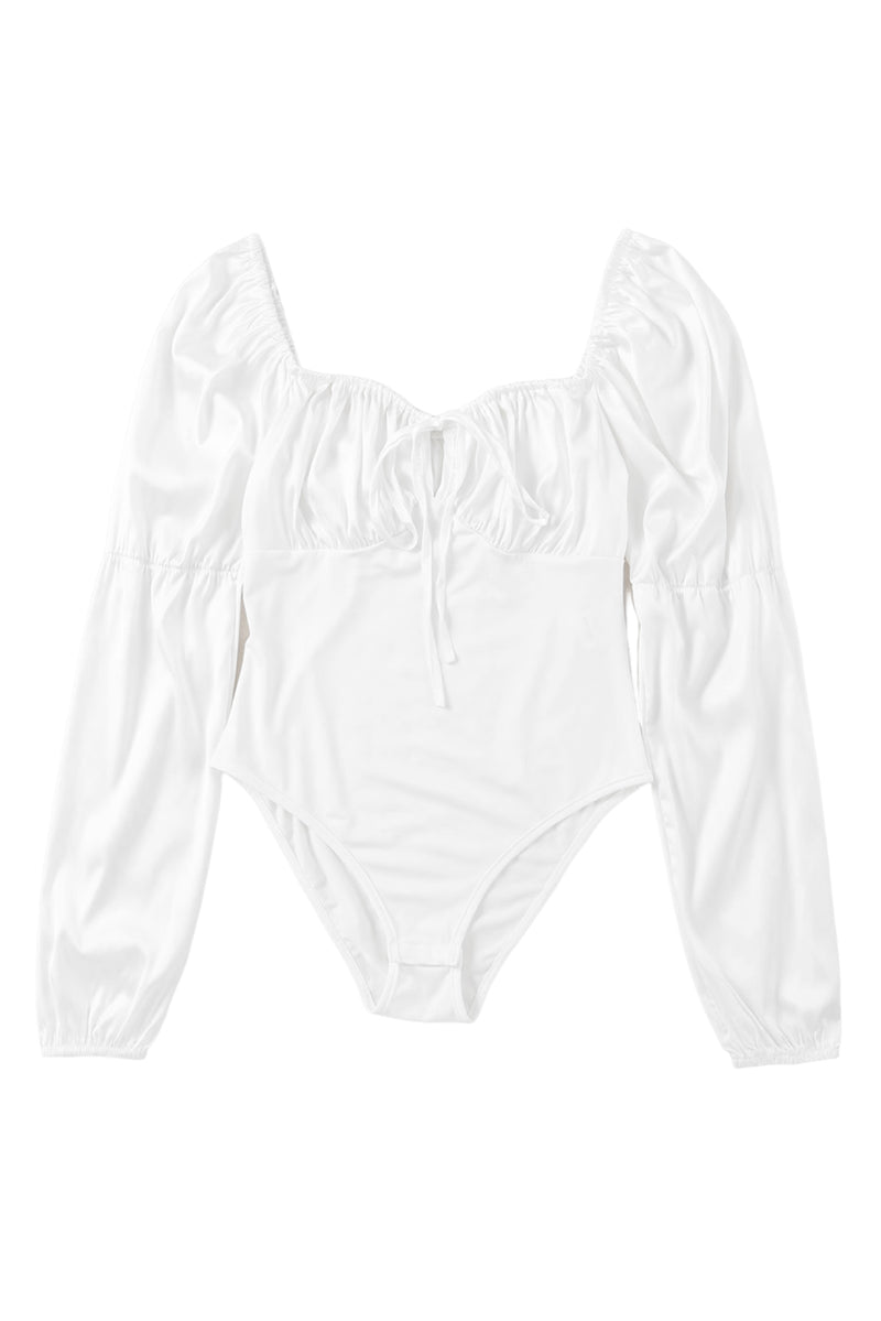 White Square Neck Drawstring Pleated High Waist Bodysuit