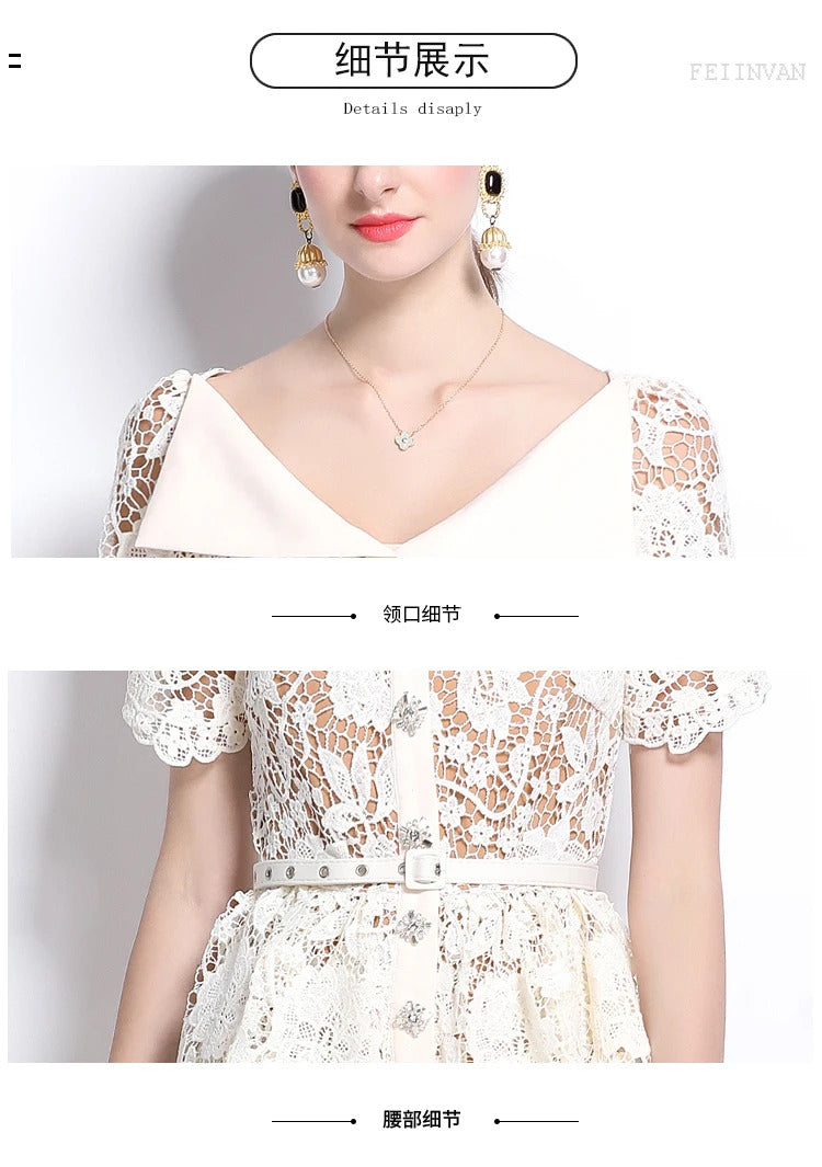 Quality Summer Beaded Diamonds Embroidery Beige White Lace Evening Dress Women Short Sleeve Ruffle Peplum Midi Prom Dresses Long