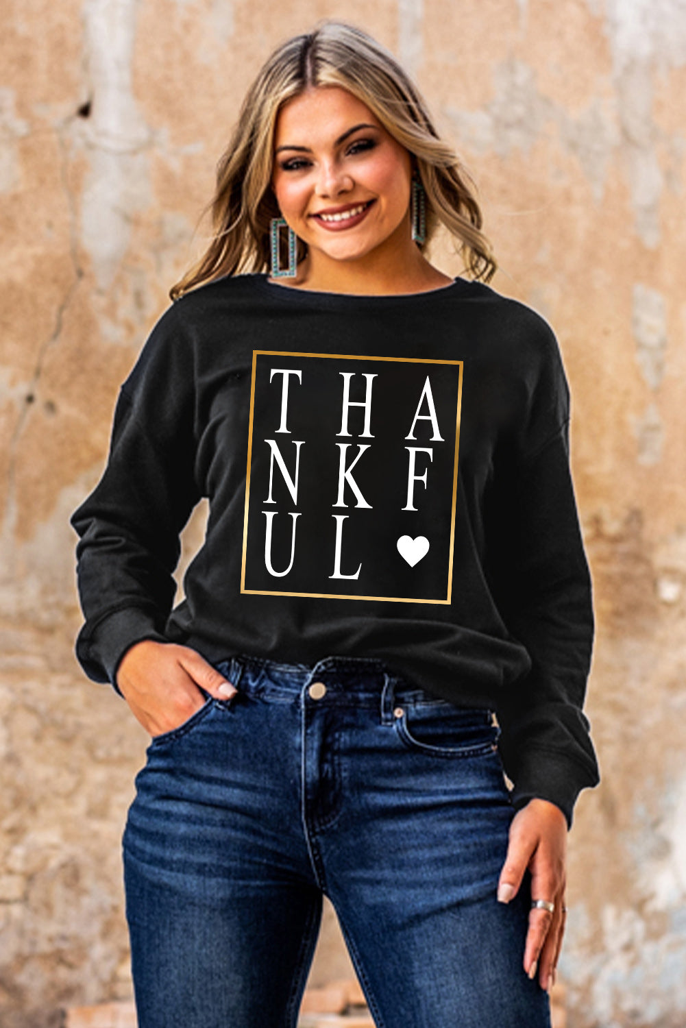 Black THANKFUL Heart Print Long Sleeve Sweatshirt