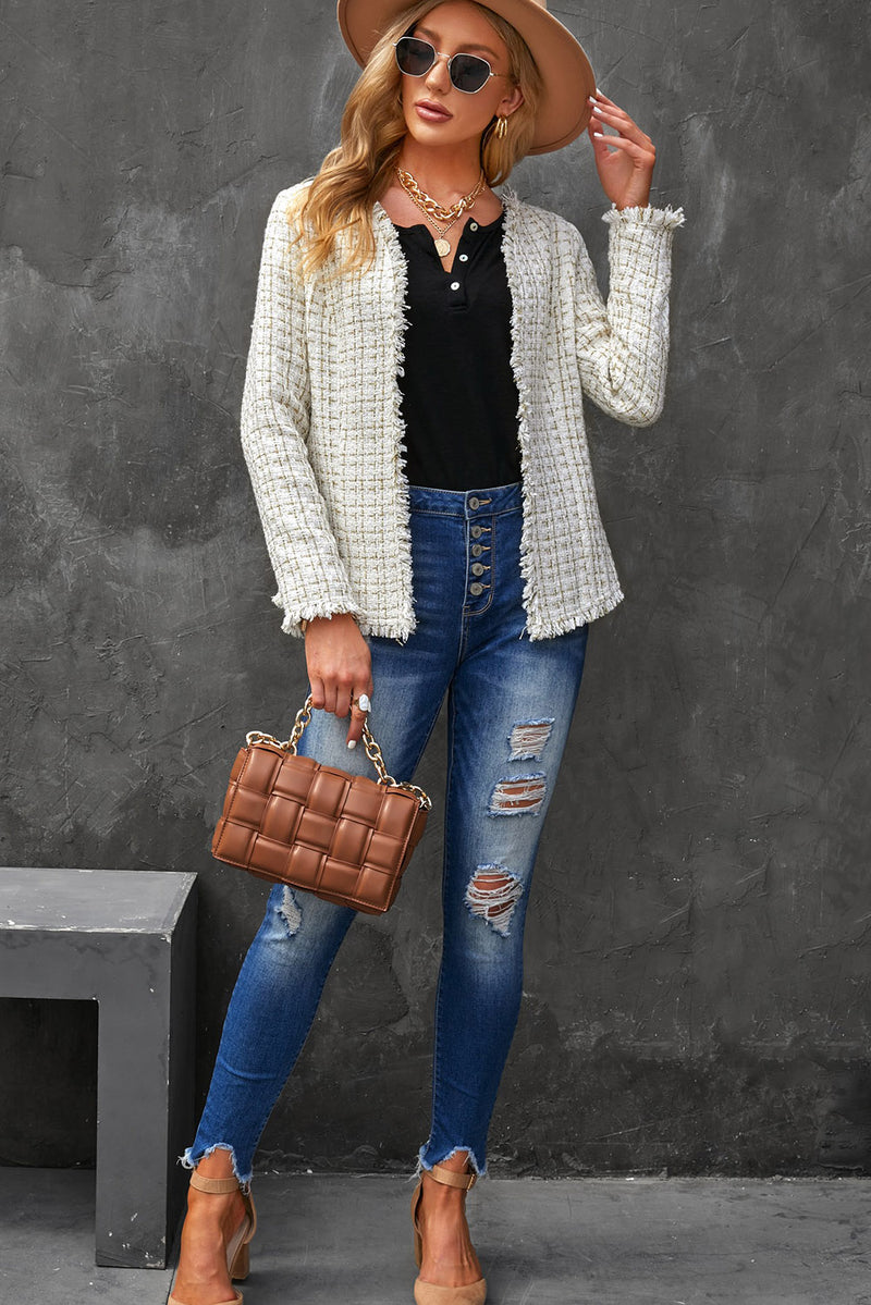 Frayed Slim-fit Open Front Plaid Jacket