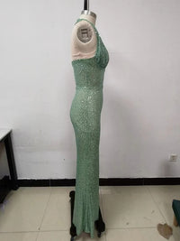 Sexy Halter Deep V Neck Sequins Maxi Dress Women Green Sleeveless Backless Sequined Slim Long Dresses Celebrity Party Gowns