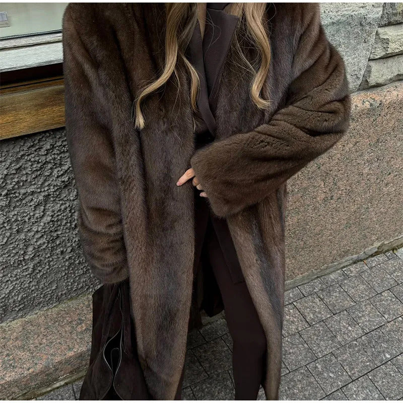 Dark Brown Faux Fur Long Overcoat For Women Fashion Lapel Single Breasted Loose Fluffy Plush Warm Coat Winter Thicken Outerwear