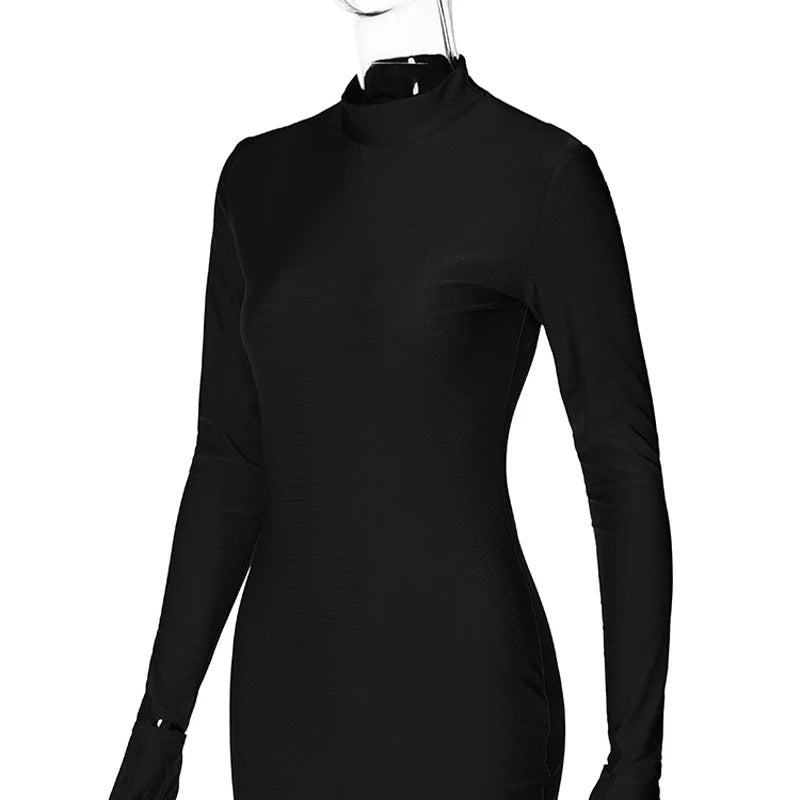 Solid Long Sleeve With Gloves Mini Dress Bodycon Sexy Streetwear Party Half Turtleneck Outfits Y2K Clothes Wholesale