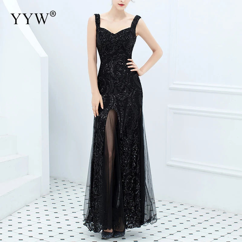 Shinny Gold Sequined V Neck Sleeveless Elegant Evening Dresses Sexy Robe De Soiree Formal Dress Luxury Mesh Club Party Vestidos