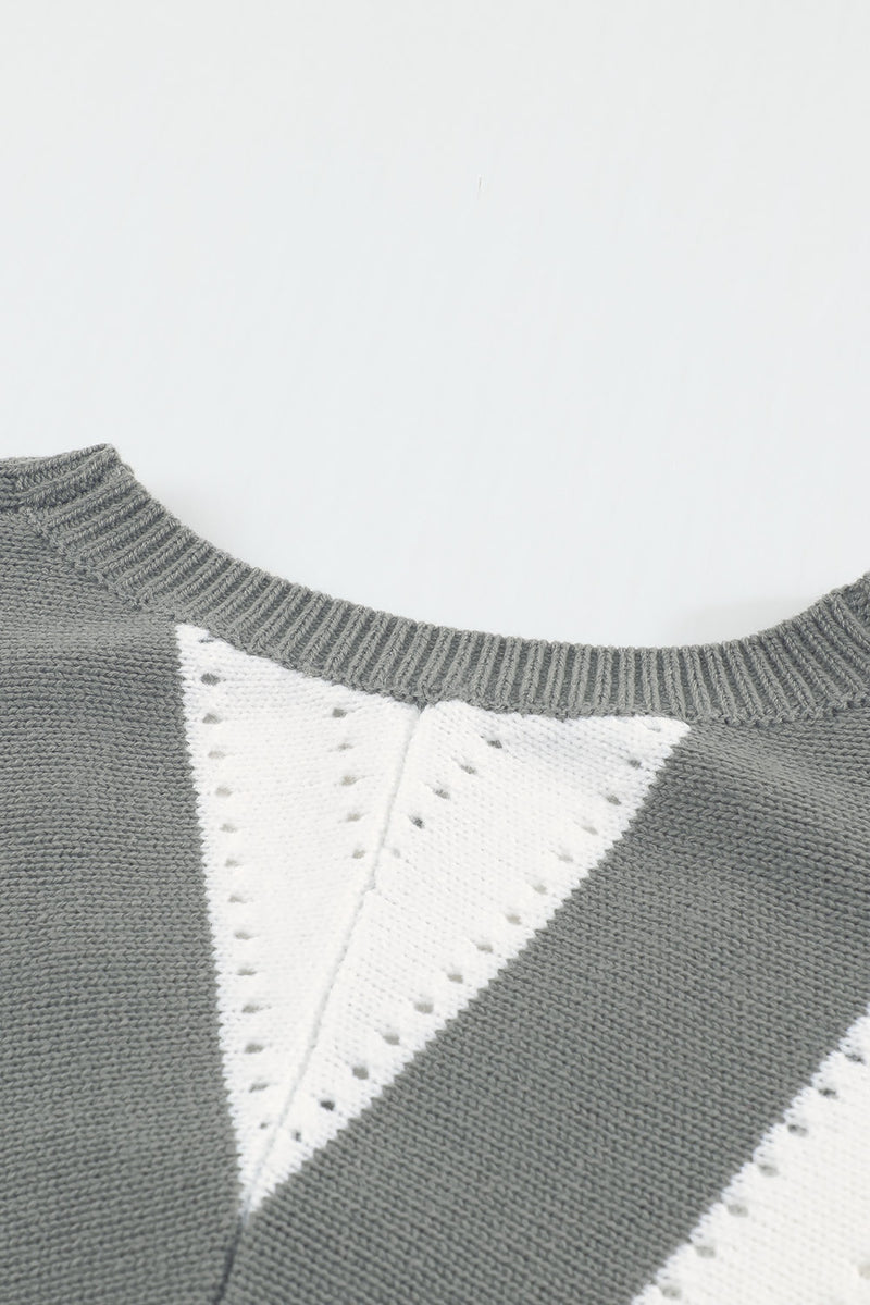 Gray Striped Colorblock V Neck Knitted Sweater