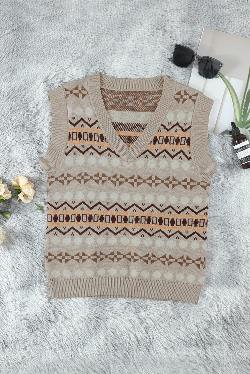 Sky Blue Tribal Print V Neck Knitted Sweater Vest