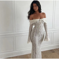 White Floral Lace Off-shoulder Maxi Dress For Women Elegant Strapless Backless Long Sleeve Bodycon Robes 2024 Lady Party Dresses