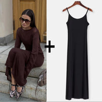 Spring Autumn O-Neck Elastic Knit Long Dresses Women 2024 Elegant Chic Soft Lady Hollowing Sweater Dresses Femme New