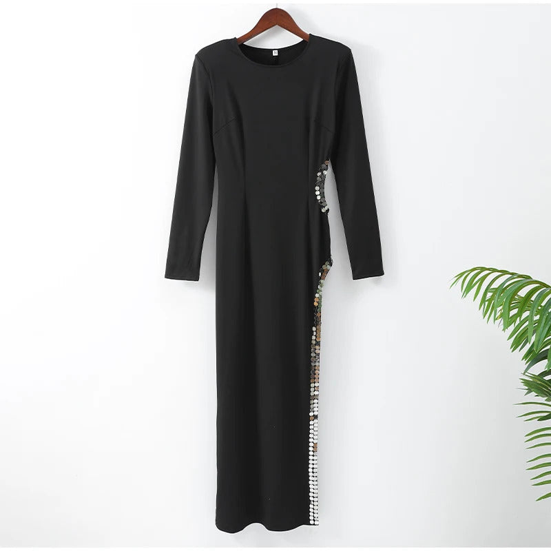 Chic O Neck Sliver Sequins Side High Split Woman Long Sleeve Dress Sexy Hollow Out Slim Fit Maxi Dresses New Evening Party Robes