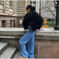 2024 Winter Furry Faux Fur Coat Women Black Luxury Round Neck Full Sleeves Plush Coat Lady Thick Warm Chic High Streetwear