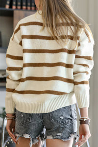 White Striped Knit V Neck Sweater Cardigan