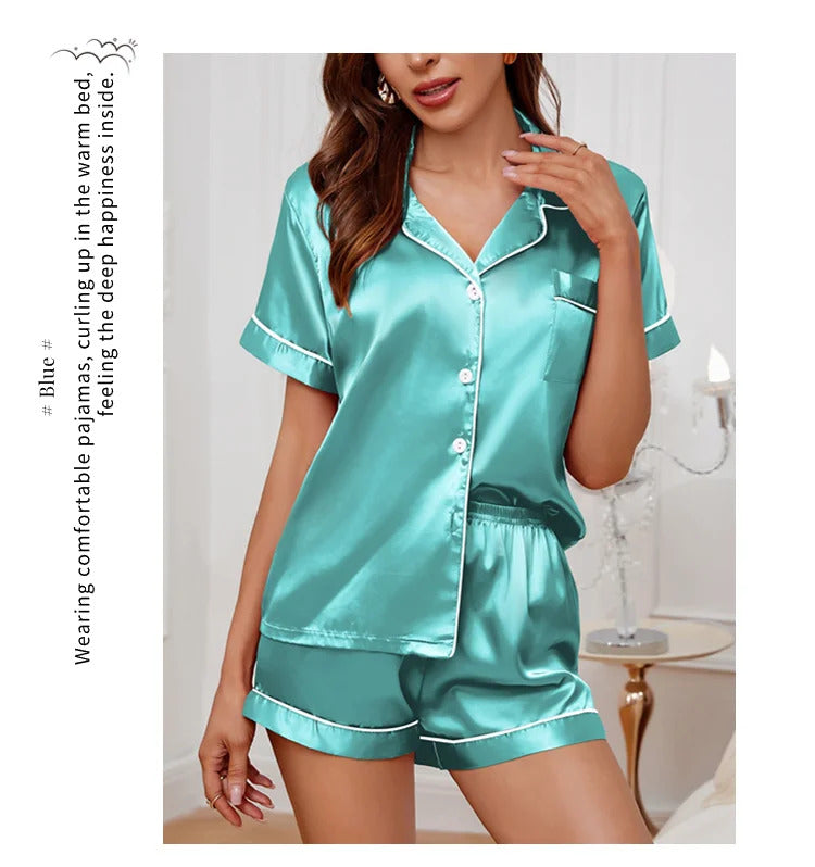 Womens Satin Pajamas Set Luxurious Short Sleeve Turn-down collar Button Top & Shorts Sleepwear & Loungewear for Summer Nightwear