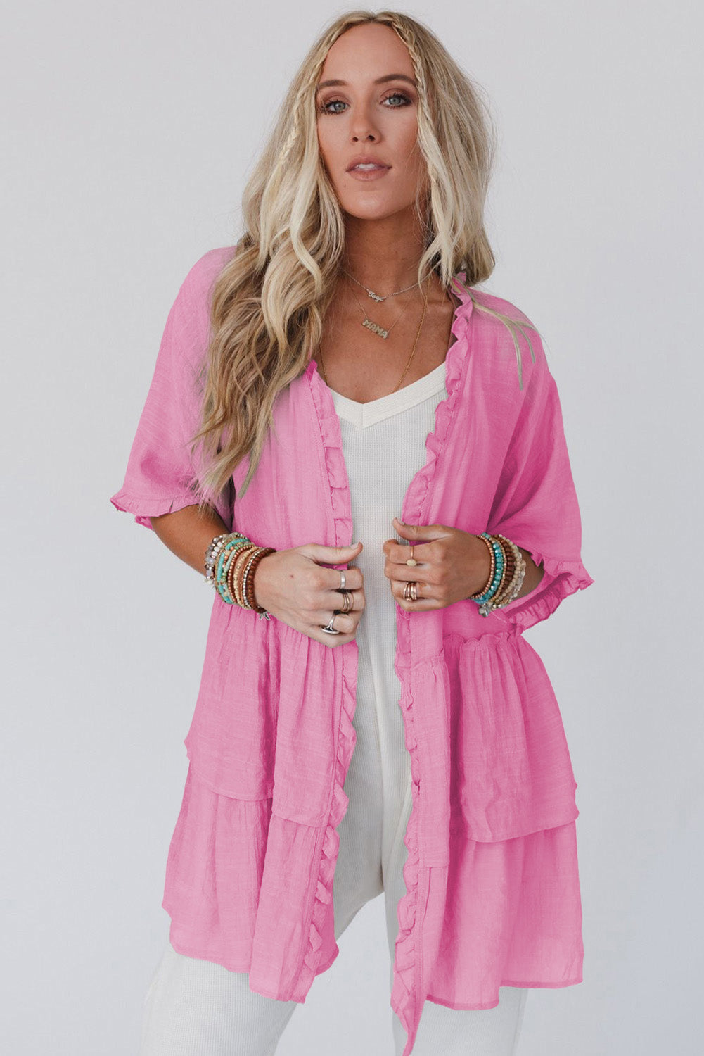 Pink Ruffled Trim Half Sleeve Open Front Kimono