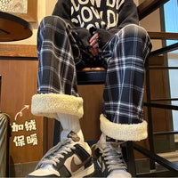 Padded Thickened Wide Leg Pants Winter LambswoolPlaid Pants Female High Waist Casual Straight Pants