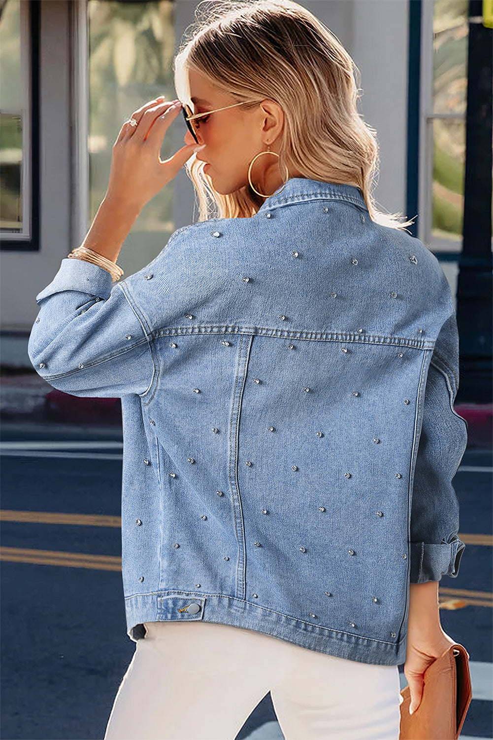 Mist Blue Rhinestones Studded Denim Jacket