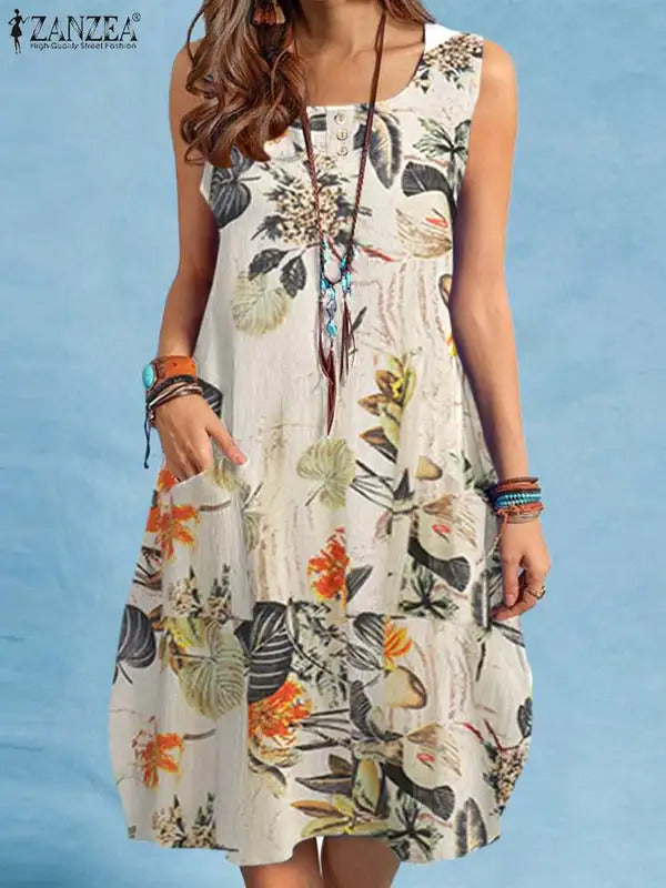 ZANZEA Bohemian Beach Dress Summer Vintage Floral Printed Sundress Women Sleeveless Knee-length Robe Holiday Vestidos Sarafans