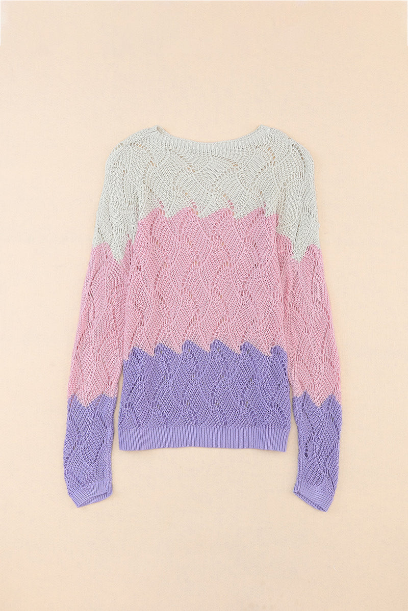 Pink Color Block Hollow Knitted Loose Sweater