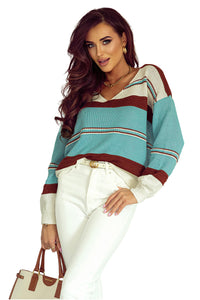 Coffee Striped Pattern Knit V Neck Sweater