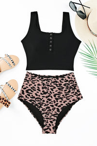 Pink Square Neck Sleeveless Fashion Print Tankini Set