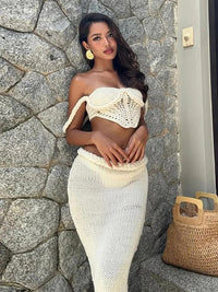 Knit Halter 2 Piece Suit Women Halter Sleeveless Backless Crop Tank Long Hip Package Skirt 2025 Vacation Lady Sets