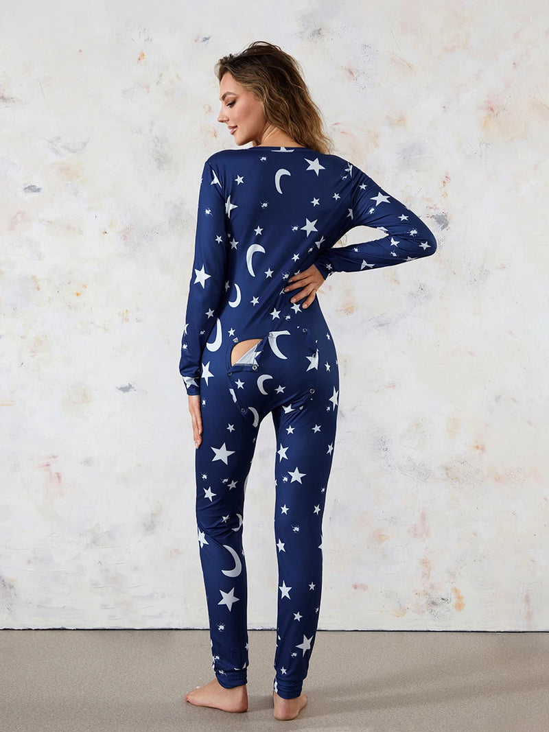 Back Buttoned Flap Pajamas Jumpsuit for Women Christmas Sleepwear Fall Winter Printed Long Sleeve Rompers Loungwear Outfit