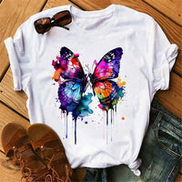 Women's Butterfly Tree Print Harajuku T-Shirt Round Neck Top Short Sleeve Casual Summer Tee Shirt