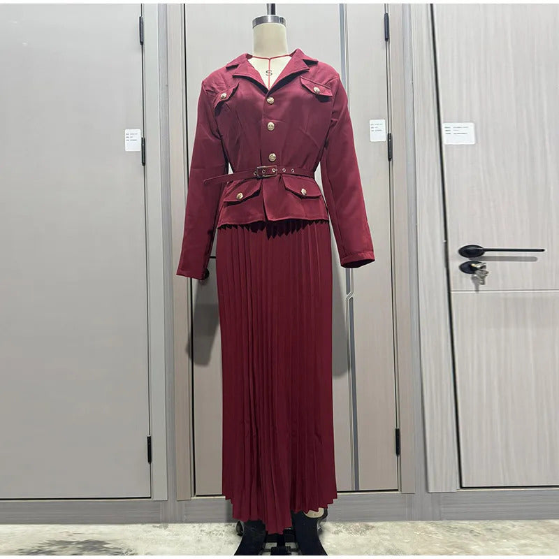 Elegant Women's Two Pieces Set Single-breasted Lapel Large Size Coat Belt Pleated Midi Skirt Suit 2025 Lady New In Matching Sets