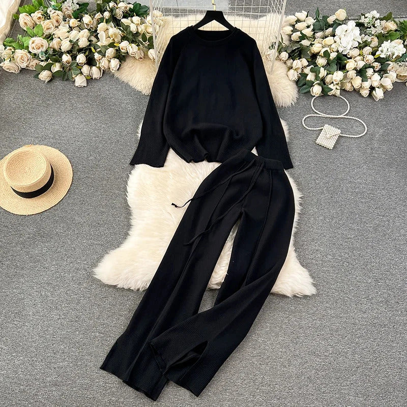 HELIAR Women Knitted Loose 2 Piece Sets Long Sleeve O-Neck Sweater and Wide Leg Pants Outfit Casual Office Set Autumn Winter