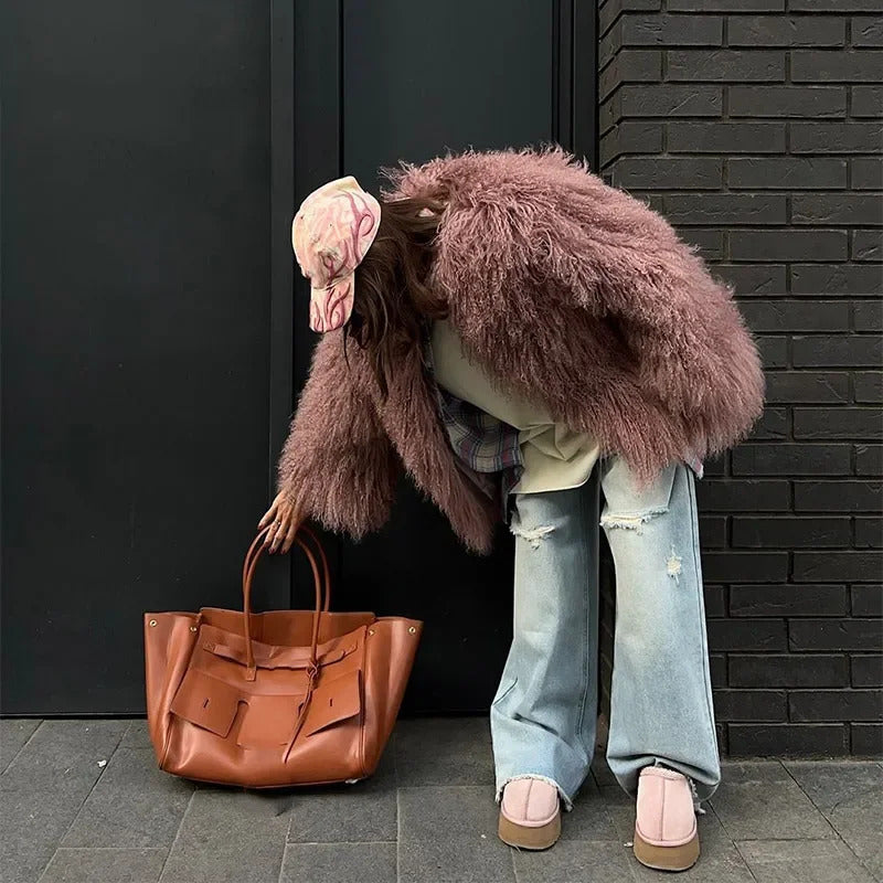 Burgundy Fluffy Faux Fur Warm Short Coat Lady Elegant Round Neck Long Sleeve Cardigan Jacket 2024 Women Winter Street Outerwear