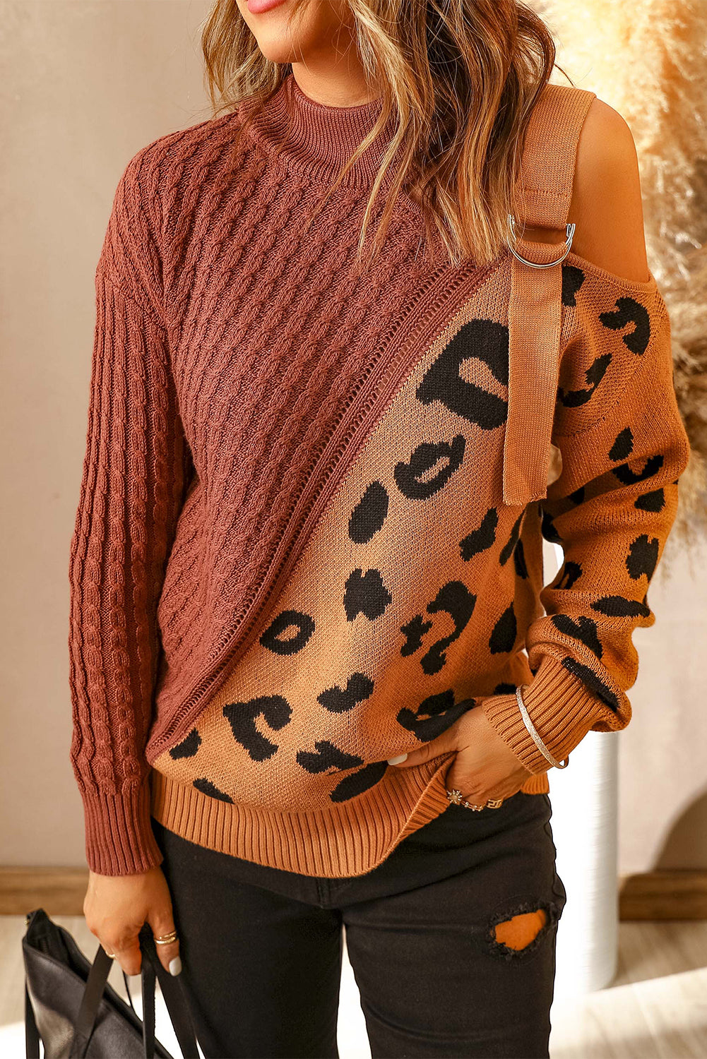 Brown Asymmetrical Buckle Sweater