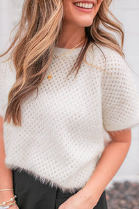 White Fuzzy Eyelet Knitted Sweater T-shirt