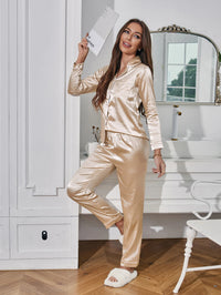 Solid Pajama Set Long Sleeve Button Up Lapel Top & Pants Pj Set Women's Sleepwear & Loungewear