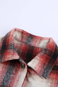 Fiery Red Turn down Neck Plaid Pocket Button Closure Coat