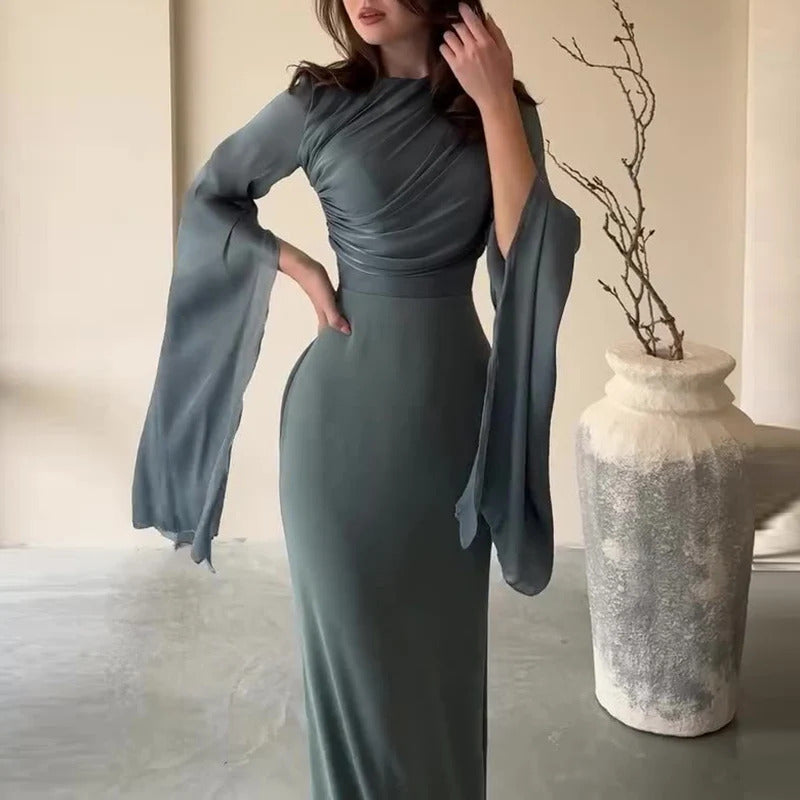 Fashion Satin Solid Robe Dress Ladies Temperament O-neck Slim Evening Dress Elegant Batwing Sleeves High Waist Pleats Long Dress