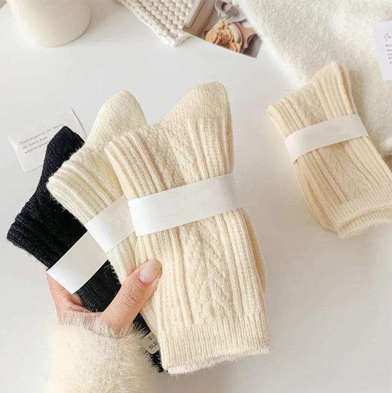 3 Pairs/Lot New Cashmere Wool Socks Women's Winter Thicken Warm Black White Pack Set Thermal Japanese Fashion Solid Color